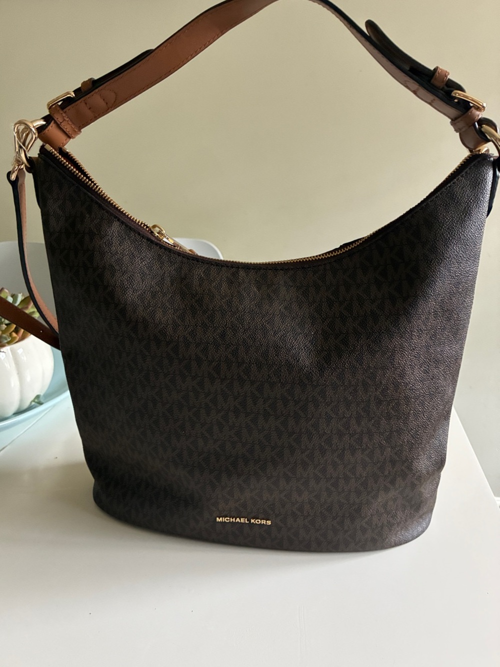Michael Kors Dark Brown Logo Hobo with Tan Strap and Gold Hardware